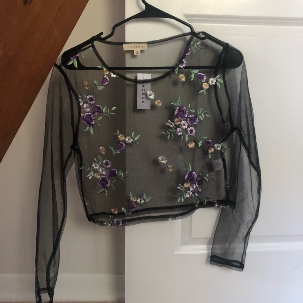 See through mesh embroiders crop top